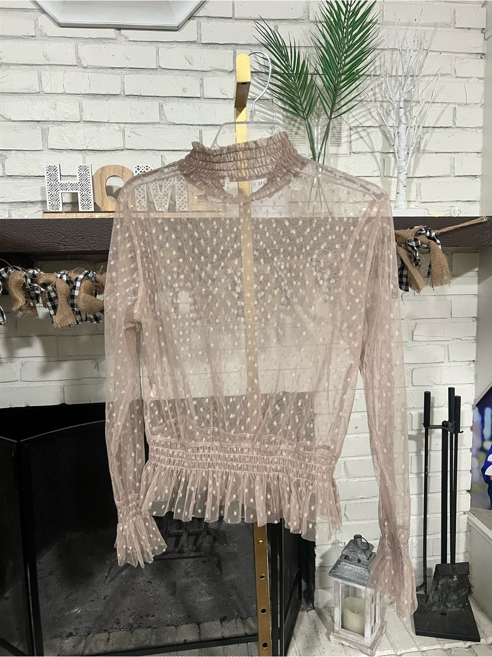 Source Unknown tan Sheer Swiss Dot Mock Neck Blouse